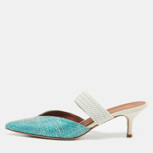 Malone Souliers Blue Woven Raffia and Fabric Maisie Heel Mules Size 39.5