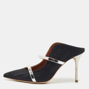 Malone Souliers Navy Blue Lurex Fabric Maureen Heel Mules Size 37