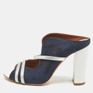 Malone Souliers Blue/Silver Canvas And Leather Maureen Block Heel Sandals Size 39.5