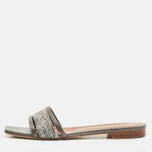 malone souliers metallic grey/silver leather and fabric demi flat slides size 41
