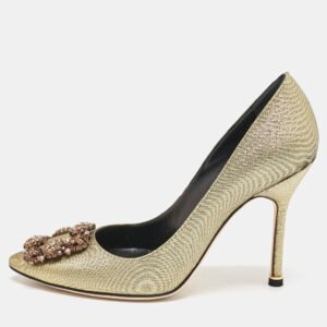Manolo Blahnik Gold Fabric Hangisi Pumps Size 36.5