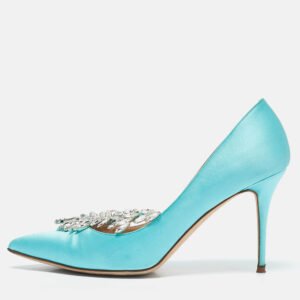 Manolo Blahnik Blue Satin Nadira Crystal Embellished Pointed Toe Pumps Size 38.5