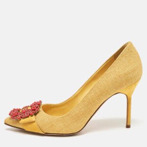 Manolo Blahnik Yellow Canvas and Suede Hangisi Pumps Size 36.5