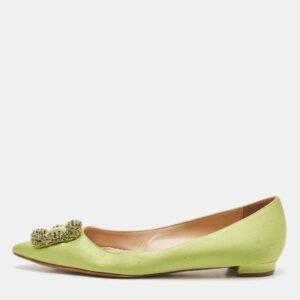 manolo blahnik green satin hangisi crystal embellished ballet flats size 39.5
