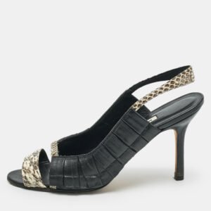 Manolo Blahnik Black/Beige Leather and Water snake Slingback Sandals Size 38