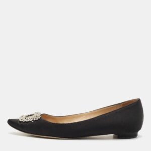 Manolo Blahnik Black Satin Hangisi Crystal Embellished Ballet Flats Size 37