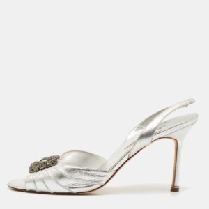 Manolo Blahnik Silver Leather Cassia Slingback Sandals Size 41