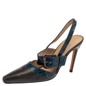 Manolo Blahnik Grey/Blue Croc Embossed And Leather Slingback Sandals Size 37