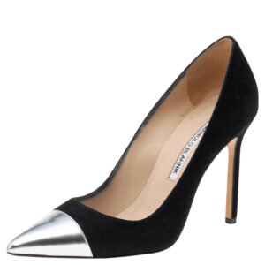 Manolo Blahnik Black/Silver Suede And Leather Bipunta Cap-Toe Pumps Size 37
