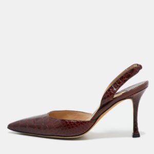 Manolo Blahnik Brown Croc Embossed Leather Slingback Pumps Size 35.5