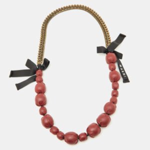 Marni Burgundy Leather & Aged Gold Tone Chain Statement Necklace