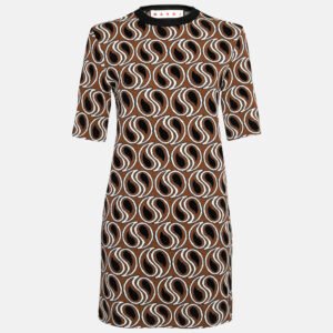 Marni Brown Jacquard Lurex Knit Short Sleeve Dress M