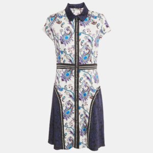 Mary Katrantzou White/Blue Printed Cotton Short Dress L