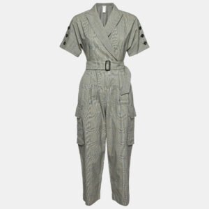 Max Mara Grey Check Virgin Wool Belted Jumpsuit S