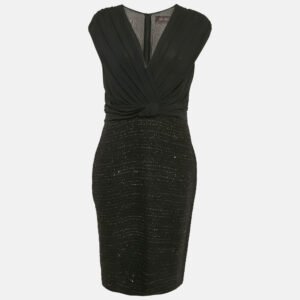 Max Mara Black Tweed and Silk Draped V-Neck Short Dress M