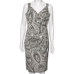 Max Mara Monochrome Paisley Printed Cotton Draped Detail Dress M