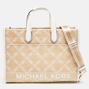 Michael Kors Natural/Optic White Logo Jacquard Raffia Large GIgi Tote