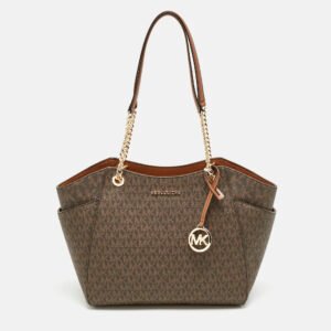 Michael Kors Brown Signature Coated Canvas Large Jet Set Travel Chain Tote