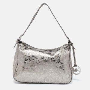 luxury-women-michael-kors-used-handbags-p1022381-016 Michael Kors Metallic Grey Textured Patent and Leather Logo Charm Shoulder Bag