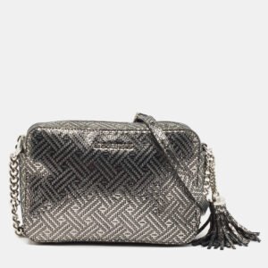 Michael Kors Metallic Grey Textured Suede Ginny Camera Crossbody Bag
