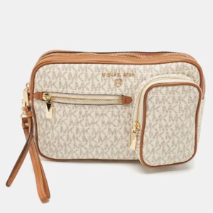 Michael Kors Beige/Brown Signatur Canvas Jet Set Travel Wristlet Pouch