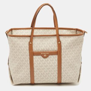 Michael Kors Brown/White Signature Coated Canvas and Leather Beck Tote