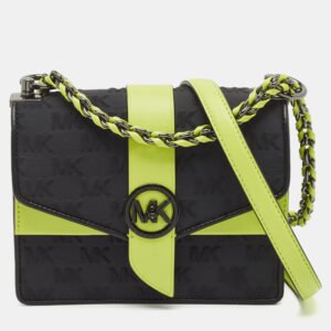 Michael Kors Black/Green Signature Fabric and Leather Small Greenwich Shoulder Bag
