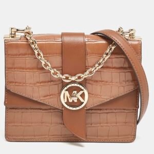 Michael Kors Brown Croc Embossed Leather Small Greenwich Crossbody Bag