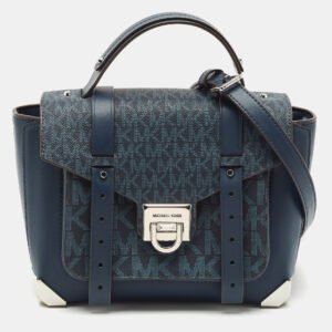 Michael Kors Navy Blue Signature Coated Canvas Medium Manhattan Top Handle Bag
