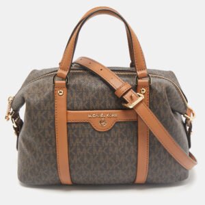 michael kors brown/tan signature coated canvas and leather beck satchel