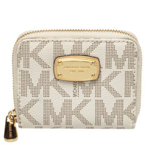 Michael Kors White Signature Coated Canvas Zip Around Compact Wallet