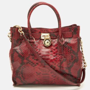 Michael Kors Red/Black Python Embossed Leather Large Hamilton North South Tote