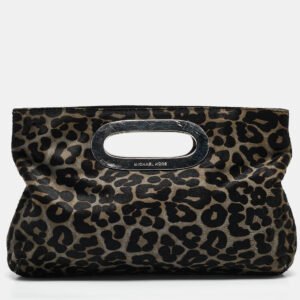 MICHAEL Michael Kors Black/Grey Leopard Print Calf Hair Berkley Clutch