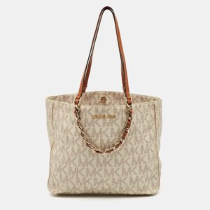 MICHAEL Michael Kors White/Brown Signature Coated Canvas and Leather Shopper Tote