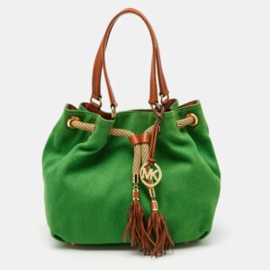 MICHAEL Michael Kors Green/Brown Canvas and Leather Marina Tassel Tote