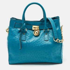 MICHAEL Michael Kors Black Blue Ostrich Embossed Leather Large North South Hamilton Tote