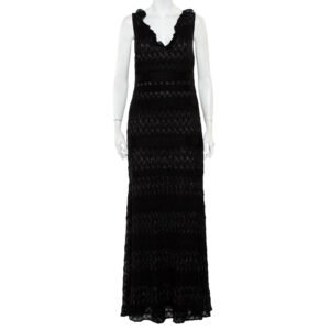 Missoni Black Lurex Knit Ruffled Neck Sleeveless Maxi Dress M