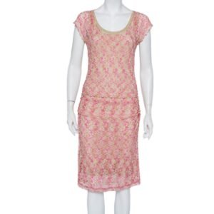 Missoni Pink & Beige Knit Ruched Sleeveless Midi Dress M