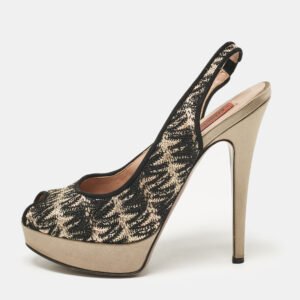 Missoni Black/Grey Lace and Satin Peep Toe Platform Slingback Pumps Size 38