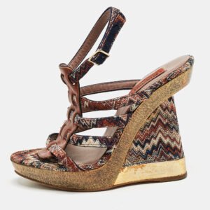Missoni Multicolor Zigzag Print Fabric and Leather Wedge Ankle Strap Sandals Size 37