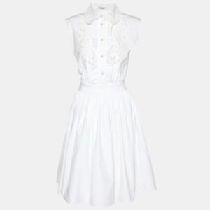 Miu Miu White Cotton Lace Details Midi Dress M
