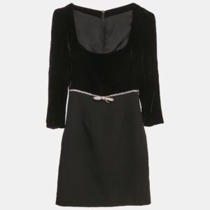 miu miu black velvet and wool crystal bow detail mini dress xs