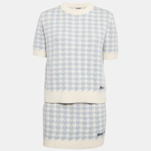 Miu Miu Blue Houndstooth Cashmere Top and Skirt Set S/XS