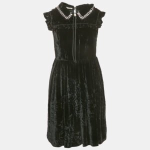 Miu Miu Black Embellished Velvet Ruffled Mini Dress S