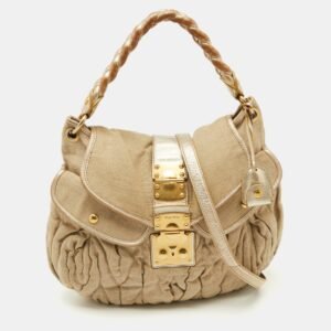Miu Miu Beige/Gold Linen and Leather Coffer Satchel