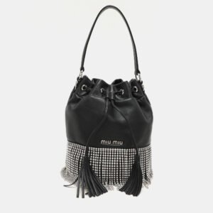 Miu Miu Black Leather Crystal Fringe Drawstring Bucket Bag