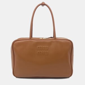 Miu Miu Brown Leather embossed logo bowling bag