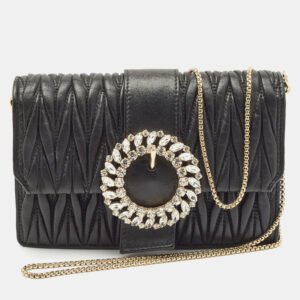 Miu Miu Black Matelass&eacute; Leather Crystals Buckle Chain Clutch