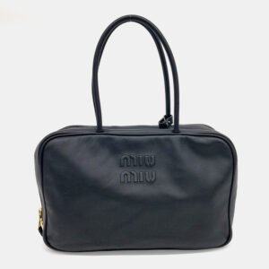 Miu Miu Black Leather Embossed Logo Bowling Bag
