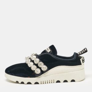 Miu Miu Navy Blue Velvet Crystal Embellished Slip On Sneakers Size 35.5